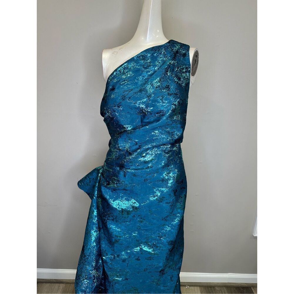 NWT Rickie Freeman Teri Jon Jacquard One Shoulder Side Ruffle Gown Size 14 $810 - Picture 3 of 9